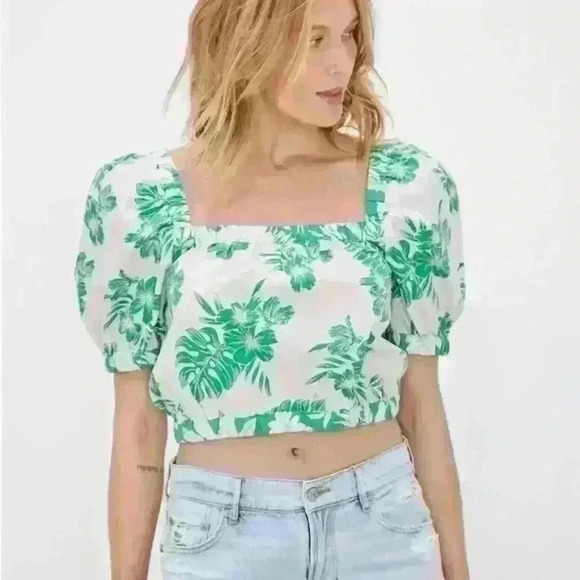 American Eagle Tropical Leaf Print Puff Sleeve Crop Top sz small - Picture 3 of 10